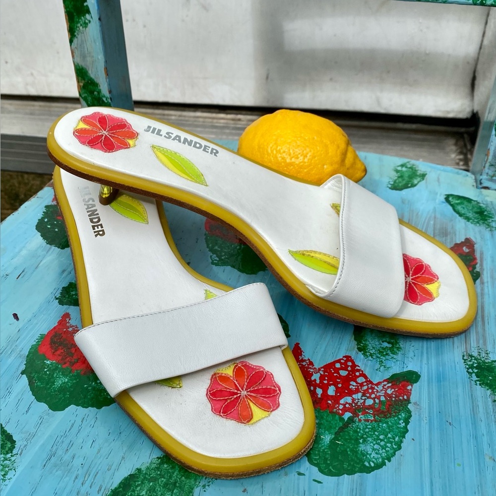 Y2k Jil Sander White Leather Floral Slide Sandals translucent yellow kitten heel